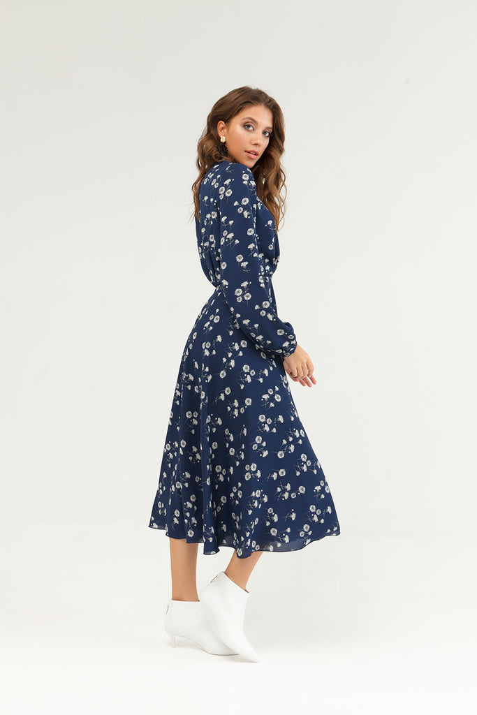 Blue floral midi dress with long sleeve ...